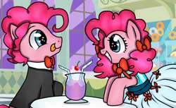 Size: 1800x1100 | Tagged: artist:kikirdcz, bubble berry, bubblepie, clothes, cocktail, date, dating, derpibooru import, donut, dress, female, male, pinkie pie, restaurant, rule 63, safe, selfcest, self ponidox, shipping, straight, suit