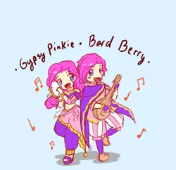 Size: 648x627 | Tagged: artist:tomato-al, bubble berry, bubblepie, clothes, derpibooru import, gypsy bard, gypsy pie, happy, human, humanized, lute, music, musical instrument, pinkie pie, ragnarok online, rule 63, safe, self ponidox, tambourine
