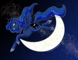 Size: 1013x787 | Tagged: artist:syo-senpai, beautiful, crescent moon, derpibooru import, flying, grin, happy, hey diddle diddle, moon, night, princess luna, safe, solo, stars, transparent moon