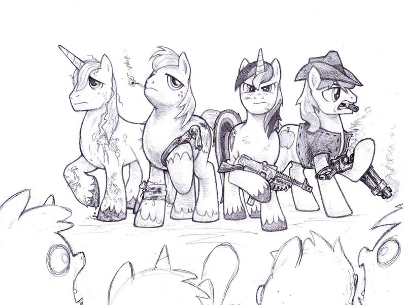 Size: 1024x774 | Tagged: safe, artist:wisdom-thumbs, derpibooru import, big macintosh, braeburn, prince blueblood, shining armor, earth pony, pony, unicorn, zombie, grayscale, gun, male, molotov cocktail, monochrome, pencil drawing, shotgun, simple background, stallion, tommy gun, traditional art, white background