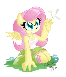 Size: 2100x2450 | Tagged: safe, artist:danmakuman, derpibooru import, fluttershy, anthro, butterfly, plantigrade anthro, equestria girls, breasts, cleavage, clothes, female, simple background, skirt, solo, sonic the hedgehog (series), sonicified, style emulation, tanktop, transparent background