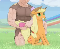 Size: 1600x1300 | Tagged: safe, artist:arareroll, derpibooru import, applejack, earth pony, human, pony, brush, brushie, clothes, cute, duo, eating, female, field, flower, flower in mouth, grass, grazing, hat, herbivore, horses doing horse things, jackabetes, kneeling, male, manly guys doing manly things, mare, mouth hold, muscles, nom, rainbow, sitting, tail pull