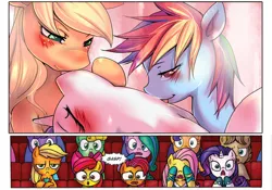 Size: 616x432 | Tagged: suggestive, artist:agnesgarbowska, artist:bakki, derpibooru import, edit, idw, apple bloom, applejack, babs seed, fluttershy, rainbow dash, rarity, applejack is not amused, audience reaction, blushing, comic, exploitable meme, female, group sex, lesbian, licking, meme, raridash, rarijack, rarijackdash, sex, shipping, threesome