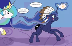 Size: 2550x1650 | Tagged: safe, artist:bico-kun, derpibooru import, princess celestia, princess luna, alicorn, pony, 4th of july, american independence day, boston tea party, captain america, chase, galloping, headdress, independence day, magic, native american, tea, tea party, war paint