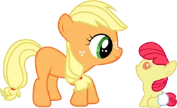 Size: 8598x5278 | Tagged: safe, artist:paulyvectors, derpibooru import, apple bloom, applejack, pony, absurd resolution, baby, baby apple bloom, baby pony, diaper, female, filly, filly applejack, foal, simple background, transparent background, vector, younger