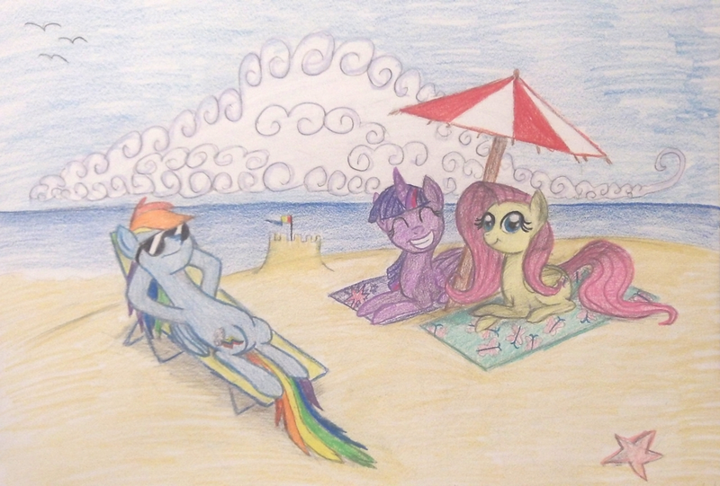Size: 1024x692 | Tagged: safe, artist:thefriendlyelephant, derpibooru import, fluttershy, rainbow dash, twilight sparkle, twilight sparkle (alicorn), alicorn, pony, starfish, beach, beach chair, beach towel, beach umbrella, cloud, cloudy, female, mare, ocean, on back, prone, relaxing, sand castle, smiling, sunglasses, traditional art, trio