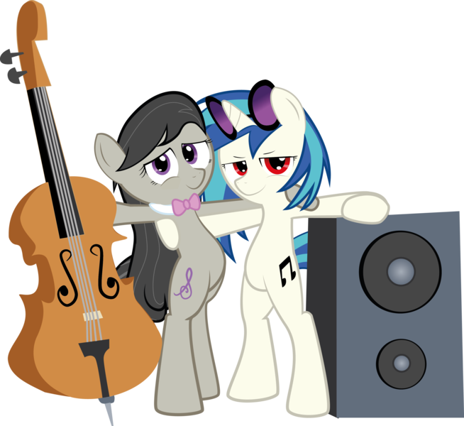 Size: 3200x2935 | Tagged: safe, artist:hoodie-stalker, derpibooru import, octavia melody, vinyl scratch, earth pony, pony, unicorn, bipedal, cello, duo, duo female, female, looking at you, musical instrument, simple background, speakers, stereo, transparent background, vector, wrong eye color