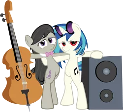 Size: 3200x2935 | Tagged: safe, artist:hoodie-stalker, derpibooru import, octavia melody, vinyl scratch, earth pony, pony, unicorn, bipedal, cello, duo, duo female, female, looking at you, musical instrument, simple background, speakers, stereo, transparent background, vector, wrong eye color