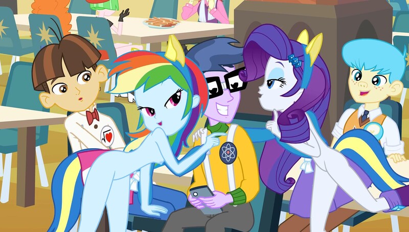 Size: 4266x2421 | Tagged: questionable, derpibooru import, edit, edited screencap, screencap, drama letter, golden hazel, microchips, nolan north, rainbow dash, rarity, watermelody, wiz kid, equestria girls, background human, breasts, clothed male nude female, clothes, exhibitionism, flirting, nipples, nude edit, nudity, public nudity, table, wip, wondercolts