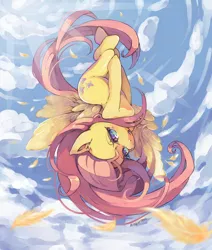 Size: 1100x1300 | Tagged: artist:mandycabral, cloud, cloudy, derpibooru import, falling, feather, fluttershy, flying, heart eyes, safe, solo, upside down
