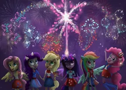 Size: 4200x3000 | Tagged: safe, artist:dangerblaze, derpibooru import, applejack, fluttershy, pinkie pie, rainbow dash, rarity, twilight sparkle, equestria girls, 4th of july, absurd resolution, american independence day, clothes, fireworks, flag, horn, humane five, humane six, independence day, magic, mane six, ponied up, skirt, tanktop, united states