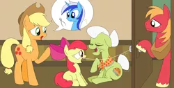 Size: 1367x692 | Tagged: safe, artist:hyolark, derpibooru import, apple bloom, applejack, big macintosh, granny smith, minuette, earth pony, pony, male, stallion, string, this will end in pain, this will end in tears, tooth pulling