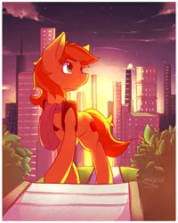 Size: 820x1027 | Tagged: dead source, safe, artist:imspainter, derpibooru import, braeburn, earth pony, pony, city, cityscape, clothes, cloud, cloudy, cute, glow, scarf, solo, stars, sunset