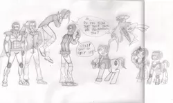 Size: 1153x692 | Tagged: artist:cjvselinmortal, derpibooru import, human, monochrome, oc, oc:coliseo rossi, oc:eliseo rossi, oc:galileo rossi, oc:irineo rossi, ponified, safe, sketch, traditional art, unofficial characters only, vulgar