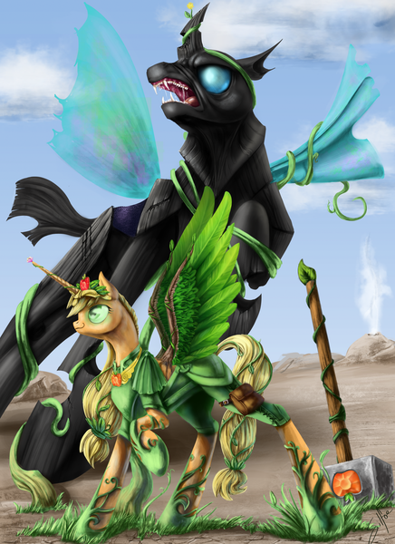 Size: 1800x2475 | Tagged: safe, artist:silfoe, derpibooru import, applejack, alicorn, changeling, changeling behemoth, pony, alicornified, apple tree, applecorn, armor, badass, behemoth, earth pony magic, element of honesty, epic, fight, glowing eyes, hammer, leaf wings, race swap, war hammer