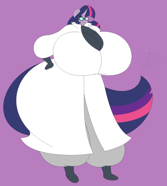 Size: 1394x1553 | Tagged: questionable, artist:two-ton-neko, derpibooru import, twilight sparkle, anthro, unicorn, ass, big breasts, breasts, busty twilight sparkle, clothes, expansion, female, giantess, goggles, hips, hourglass figure, huge breasts, impossibly large breasts, impossibly large butt, impossibly wide hips, inflation, lab coat, macro, science, scientist, solo, solo female, twibutt, wide hips