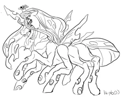 Size: 985x797 | Tagged: artist:nekubi, derpibooru import, extra legs, monochrome, monster pony, original species, pixiv, queen chrysalis, safe, sleipnir, solo, spiderpony