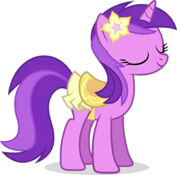 Size: 1280x1260 | Tagged: safe, artist:liggliluff, derpibooru import, amethyst star, pony, unicorn, awwmethyst star, background pony, clothes, cute, eyes closed, female, flower, flower in hair, happy, mare, saddle, simple background, skirt, smiling, solo, transparent background, vector