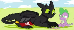 Size: 5808x2384 | Tagged: artist:tagman007, crossover, derpibooru import, fish, how to train your dragon, prosthetics, safe, spike, toothless the dragon