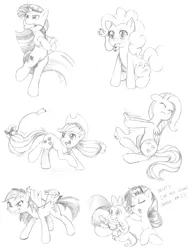 Size: 1920x2500 | Tagged: safe, artist:dstears, derpibooru import, applejack, fluttershy, pinkie pie, rainbow dash, rarity, spike, twilight sparkle, pony, bipedal, mane seven, mane six, monochrome, mouth hold, prehensile mane, sketch, wii, wii remote, wing hands