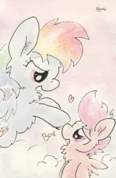 Size: 679x1043 | Tagged: artist:slightlyshade, boop, cloud, cloudy, derpibooru import, eye contact, fluffy, grin, heart, open mouth, rainbow dash, safe, scootaloo, smiling, smirk, traditional art