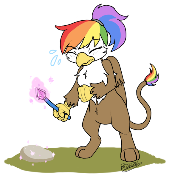 Size: 796x828 | Tagged: safe, artist:breezepleeze, derpibooru import, oc, oc:rainbow feather, unofficial characters only, gryphon, hybrid, griffon magic, interspecies offspring, magic, magical lesbian spawn, offspring, parent:gilda, parent:rainbow dash, parents:gildash, rock, solo, wand