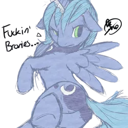 Size: 900x900 | Tagged: suggestive, artist:florecentmoo, derpibooru import, princess luna, alicorn, pony, female, frown, looking back, magic, moonbutt, plot, raised eyebrow, s1 luna, side, solo, solo female, spread wings, underhoof, vulgar