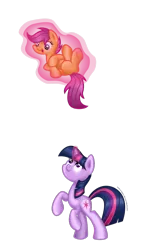Size: 1024x1804 | Tagged: safe, artist:zoevulpez, derpibooru import, scootaloo, twilight sparkle, pegasus, pony, unicorn, assisted flying, bipedal, cute, cutealoo, female, filly, happy, levitation, looking down, looking up, magic, mama twilight, mare, rearing, scootalove, simple background, smiling, telekinesis, transparent background, twiabetes, underhoof, unicorn twilight