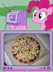 Size: 563x771 | Tagged: safe, derpibooru import, pinkie pie, pony, cute, diabetes, exploitable meme, food, food wishes, marshmallow, marshmallow pizza, meme, obligatory pony, pizza, television, tv meme