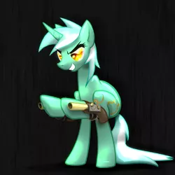 Size: 1600x1600 | Tagged: safe, artist:oddwarg, derpibooru import, lyra heartstrings, pony, unicorn, female, flintlock, grin, gun, mare, smiling, solo, wat, weapon