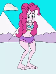 Size: 955x1257 | Tagged: safe, artist:hunterxcolleen, derpibooru import, pinkie pie, equestria girls, belly button, bikini, clothes, cold, freezing, freezing fetish, humanized, mountain, shivering, snow, solo, swimsuit