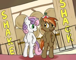 Size: 1250x1000 | Tagged: safe, artist:fearingfun, derpibooru import, button mash, sweetie belle, earth pony, semi-anthro, unicorn, bipedal, buttonbetes, cute, diasweetes, eye contact, female, grease (musical), male, open mouth, shake shack, shipping, smiling, straight, sweetiemash