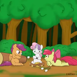 Size: 1000x1000 | Tagged: 30 minute art challenge, apple bloom, artist:empyu, campfire, cutie mark crusaders, food, forest, marshmallow, safe, scootaloo, sweetie belle, this will end in fire, this will end in tears