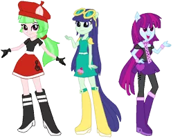 Size: 727x581 | Tagged: safe, artist:pdorothynics, derpibooru import, blueberry cake, drama letter, mystery mint, watermelody, equestria girls, background human, beret, clothes, ponied up, pony ears, skirt