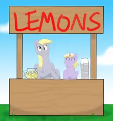 Size: 1821x1964 | Tagged: safe, artist:eritnger1000, derpibooru import, derpy hooves, dinky hooves, pegasus, pony, female, lemon, lemonade, lemonade stand, mare