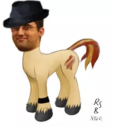 Size: 780x875 | Tagged: safe, derpibooru import, edit, oc, unofficial characters only, horse, pony, bacon, bad edit, brony stereotype, euphoric, fedora, glasses, hat, male, shitposting, smiling, solo, standing, trilby, wat