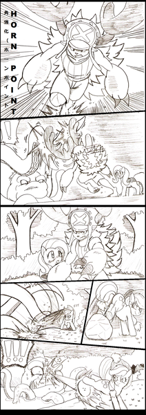 Size: 920x2600 | Tagged: applejack, artist:droll3, comic, crossover, derpibooru import, fight, fluttershy, g1, monochrome, one piece, safe, squirk, tony tony chopper, traditional art