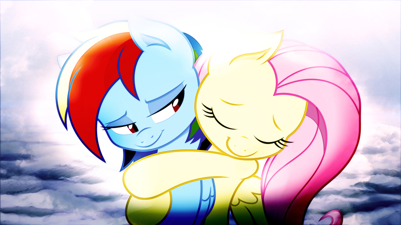 Size: 3840x2160 | Tagged: dead source, safe, artist:j-arkried-f, artist:joey darkmeat, artist:tim015, derpibooru import, fluttershy, rainbow dash, female, flutterdash, hug, lesbian, shipping