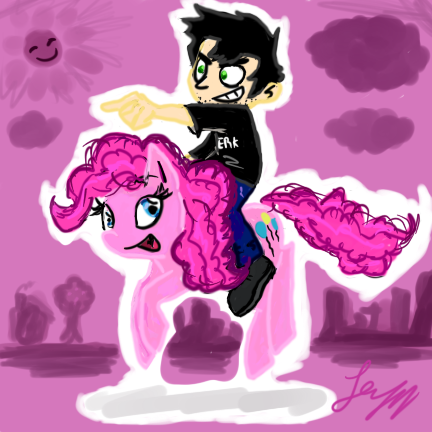 Size: 432x432 | Tagged: artist:leyzy, crossover, dan, dan pie, dan vs, derpibooru import, female, humans riding ponies, male, pinkie pie, pointing, riding, safe, shipping, straight