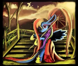 Size: 965x827 | Tagged: dead source, safe, artist:auroriia, derpibooru import, rainbow dash, pegasus, pony, semi-anthro, alternate hairstyle, bipedal, female, impossibly large ears, looking at you, mare, scenery, signature, solo, stairs, umbrella