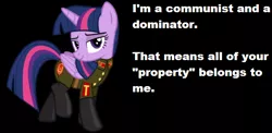 Size: 512x250 | Tagged: bedroom eyes, bronybait, clothes, communism, derpibooru import, femdom, looking at you, military, sergeant, smiling, solo, suggestive, text, twilight sparkle, twilight sparkle (alicorn), uniform