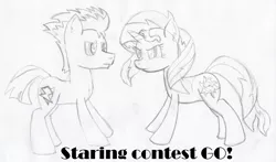 Size: 2179x1284 | Tagged: safe, artist:wood-clad-hero, derpibooru import, flash sentry, sunset shimmer, pony, equestria girls, female, flashimmer, male, monochrome, shipping, staring contest, straight, traditional art