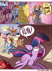 Size: 944x1294 | Tagged: safe, artist:capnpea, artist:kefkafloyd, derpibooru import, applejack, fluttershy, pinkie pie, rainbow dash, rarity, snips, twilight sparkle, twilight sparkle (alicorn), alicorn, earth pony, pegasus, pony, comic:three apples, apple, colt, comic, criminal scum, female, male, mare, necktie, no pupils, police badge, stop right there criminal scum, sunglasses, the elder scrolls