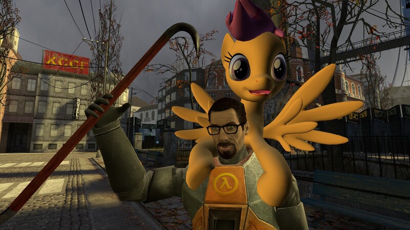 Size: 1920x1080 | Tagged: 3d, citadel, city 17, derpibooru import, gmod, gordon freeman, half-life, half-life 2, safe, scootaloo, scootalove, source engine