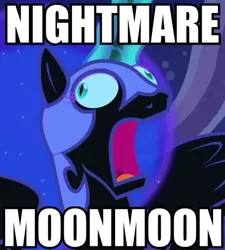 Size: 434x482 | Tagged: caption, d:, derp, derpibooru import, didney worl, edit, faic, frown, image macro, magic, majestic as fuck, meme, moon moon, nightmare moon, nightmare moon moon, open mouth, roflbot, safe, solo, text, wide eyes