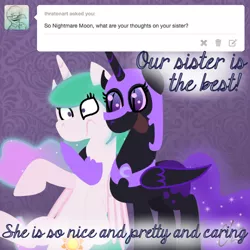 Size: 500x500 | Tagged: artist:rivalcat, ask, derpibooru import, discorded, discordnightmaremoon, frown, happy, hug, nicemare moon, nightmare moon, open mouth, princess celestia, safe, smiling, tumblr, wide eyes