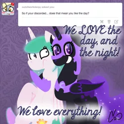 Size: 500x500 | Tagged: artist:rivalcat, ask, derpibooru import, discorded, discordnightmaremoon, frown, grin, looking at you, nicemare moon, nightmare moon, princess celestia, safe, smiling, tumblr, wide eyes