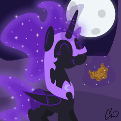 Size: 500x500 | Tagged: animated, artist:rivalcat, ask, chinese text, cookie, derpibooru import, discorded, discordnightmaremoon, eating, eyes closed, magic, moon, mooncake, nicemare moon, nightmare moon, safe, smiling, solo, :t, telekinesis, tumblr