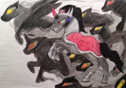 Size: 2188x1534 | Tagged: artist:moonsong18, dark magic, derpibooru import, king sombra, magic, rearing, safe, shadow, shadow pony, sombra eyes, traditional art, umbrum