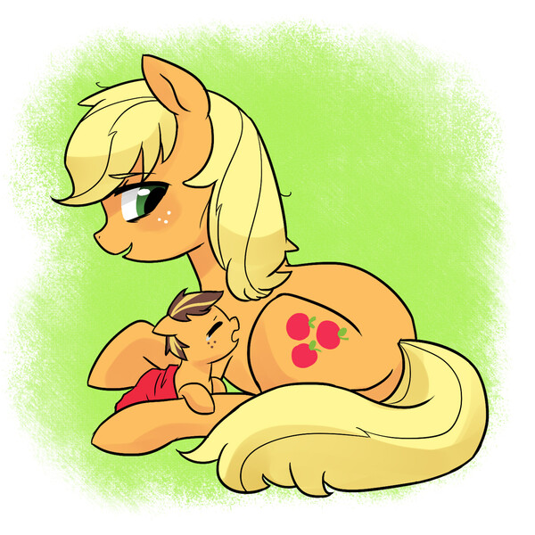 Size: 1500x1500 | Tagged: safe, artist:kianamai, derpibooru import, applejack, oc, oc:golden delicious, earth pony, pony, kilalaverse, birth, blanket, colt, crying, eyes closed, floppy ears, foal, freckles, hatless, loose hair, male, messy mane, missing accessory, mother and son, newborn, next generation, offspring, open mouth, parent:applejack, parent:caramel, parents:carajack, prone, smiling